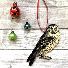 Load image into Gallery viewer, Owl Christmas Ornament, Antique Owl Gifts, Bird Lover Hostess Gift, Rustic Bird Watcher Pendant, Owl Rear View Mirror Charm, Laser Ornaments
