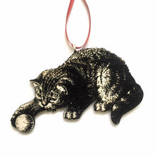 Load image into Gallery viewer, Wood Cat Christmas Ornament, Cat Owner Gift, Wooden Cats Yarn, Vintage Kitty Hostess Gifts, Antique Ornaments, Retro Kitten Housewarming
